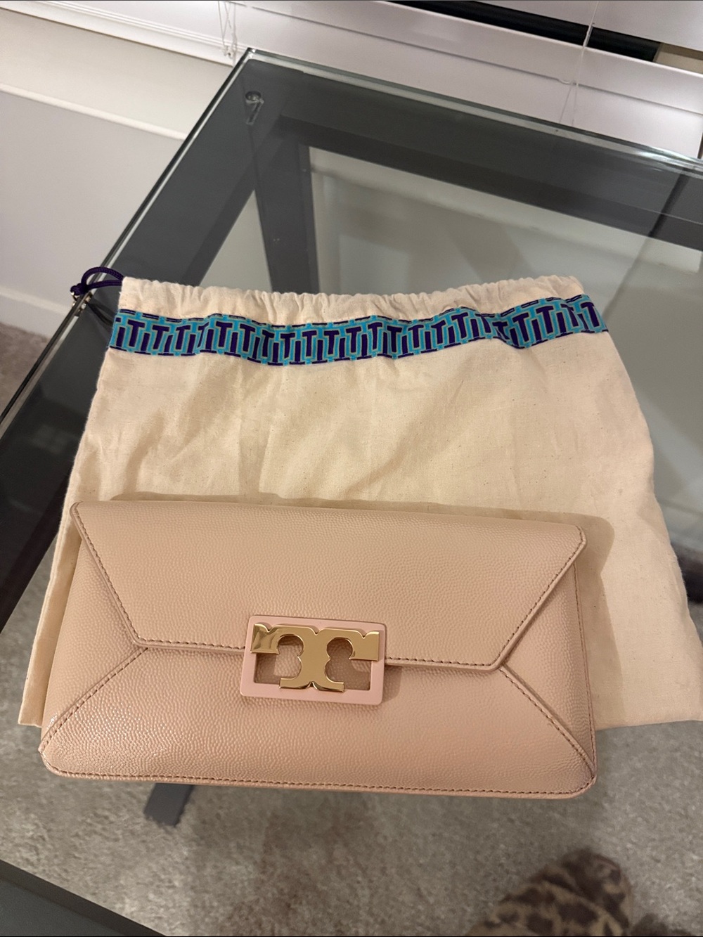 Tory Burch Blush Pink Leather Envelope Clutch with Gold Logo Hardware